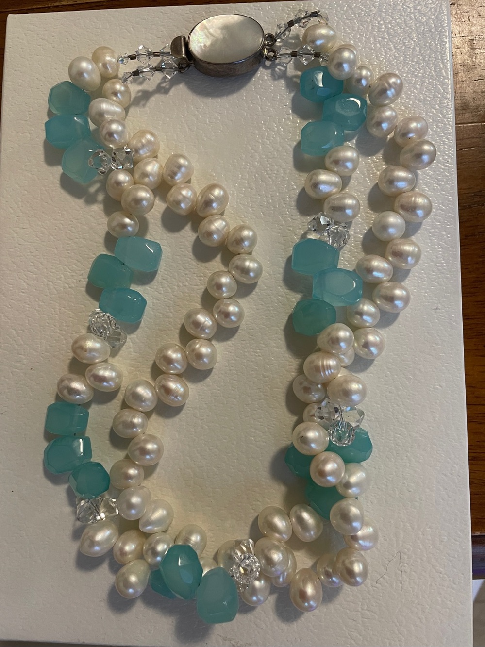 Genuine Freshwater Pearl & Blue Amazonite 2-Strand Necklace Sterling Silver 925